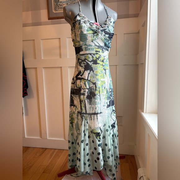 Tango Mango Dresses & Skirts - Polka Dot Abstract Mint Green Midi Dress with Black and Yellow Accents Medium
